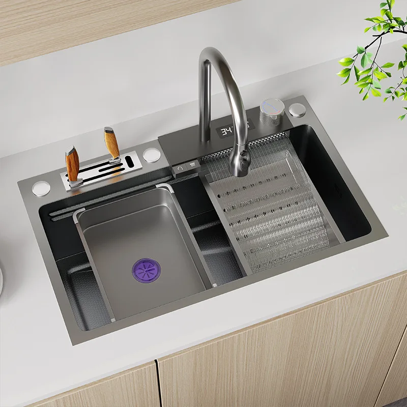 Feiyu Waterfall sink large single-basin honeycomb embossed kitchen Nano 304 stainless steel vegetable basin for household