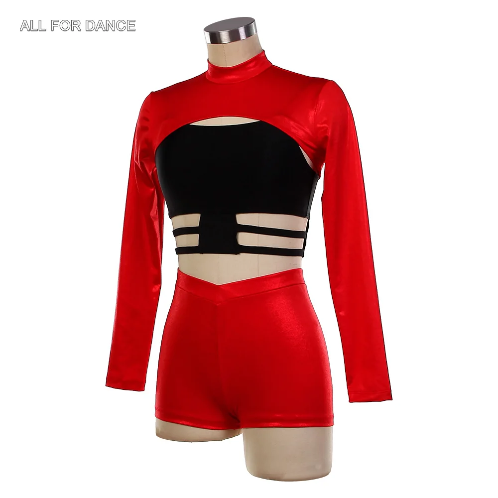 26096 Maniche lunghe Nero e Rosso 2 in uno Corpetto in spandex Abiti da balletto Ragazze adulte Balletto e jazz e costumi di danza del rubinetto