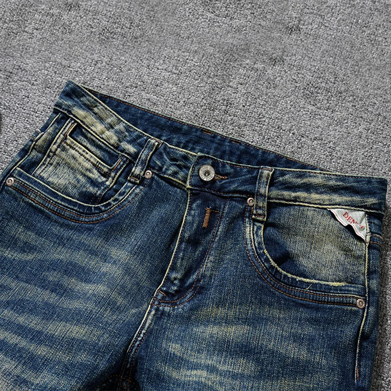 

Italian Fashion Men's High Quality Retro Blue Jeans Scratched Elastic Slim Fit Jeans Men's Casual Designer Pants Hombre