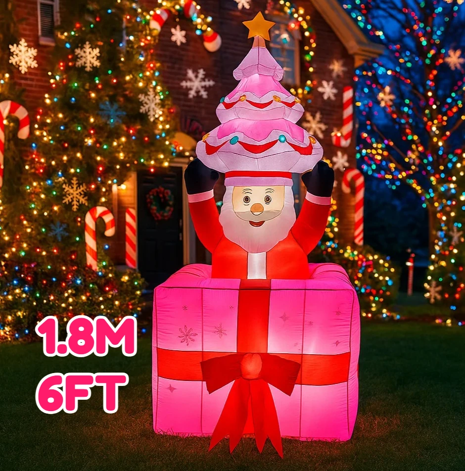 1,8 M/6 pies decoración navideña juguete inflable caja de regalo de Papá Noel patio de casa con decoración de luz LED juguete de fiesta al aire libre de Navidad