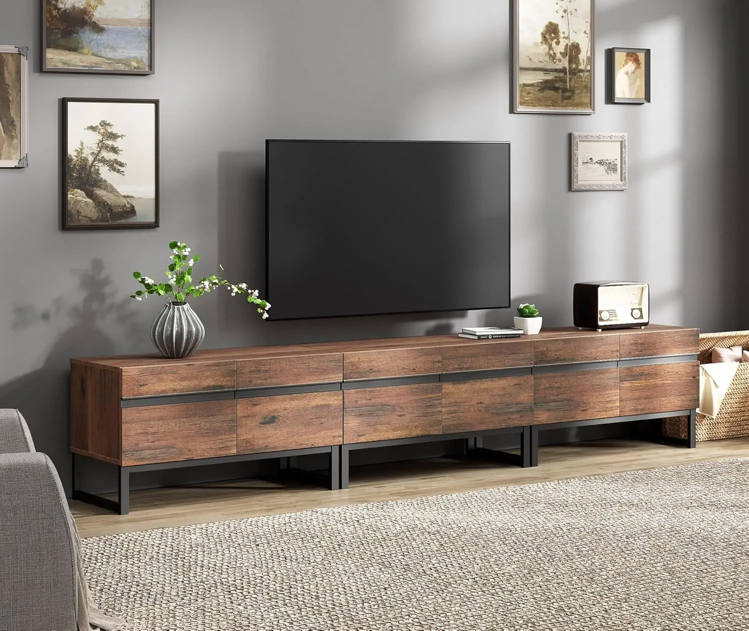 3 in 1 Modern TV Stand for TVs up to 110 inch, Wood Entertainment Center TV Console with Storage Cabinets and Metal Base