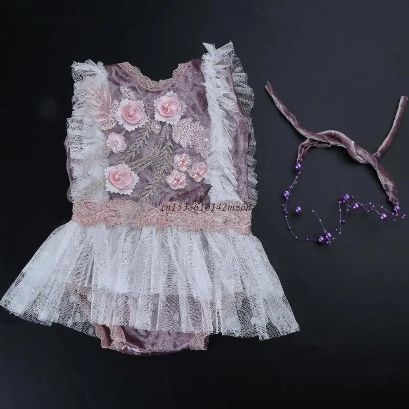 Photo Props for Baby Girls 0-1M Headdress & Hollow-Lace Jumpsuits Monthly Party Photo Clothes Newborn Outfit Dropship