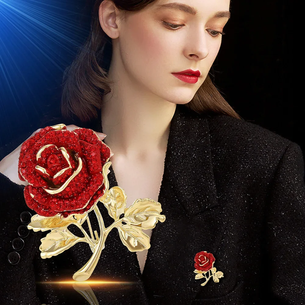 Rhinestone Red Rose Brooch for Women Luxury Design Brooches Wedding Dress Accessories Jewelry Women‘s Corsage Брошь Женская