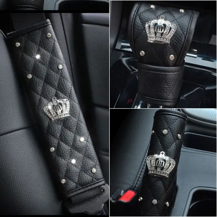 Microfiber Leather Car Steering Wheel Cover Luxury Diamond Crown Series Car Accessories Tissue Box Key Case Auto Interior Unisex