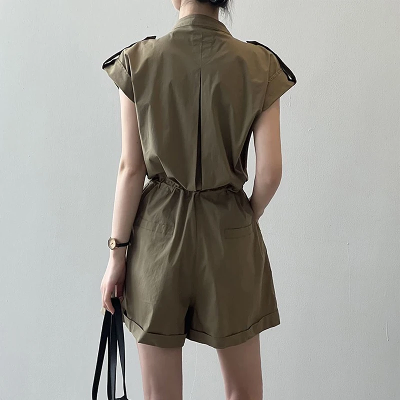 Women Clothing Summer Minimalist Short Sleeve Chic Slim Jumpsuit Shorts Female Vintage High Waist Solid Pockets Rompers Overalls