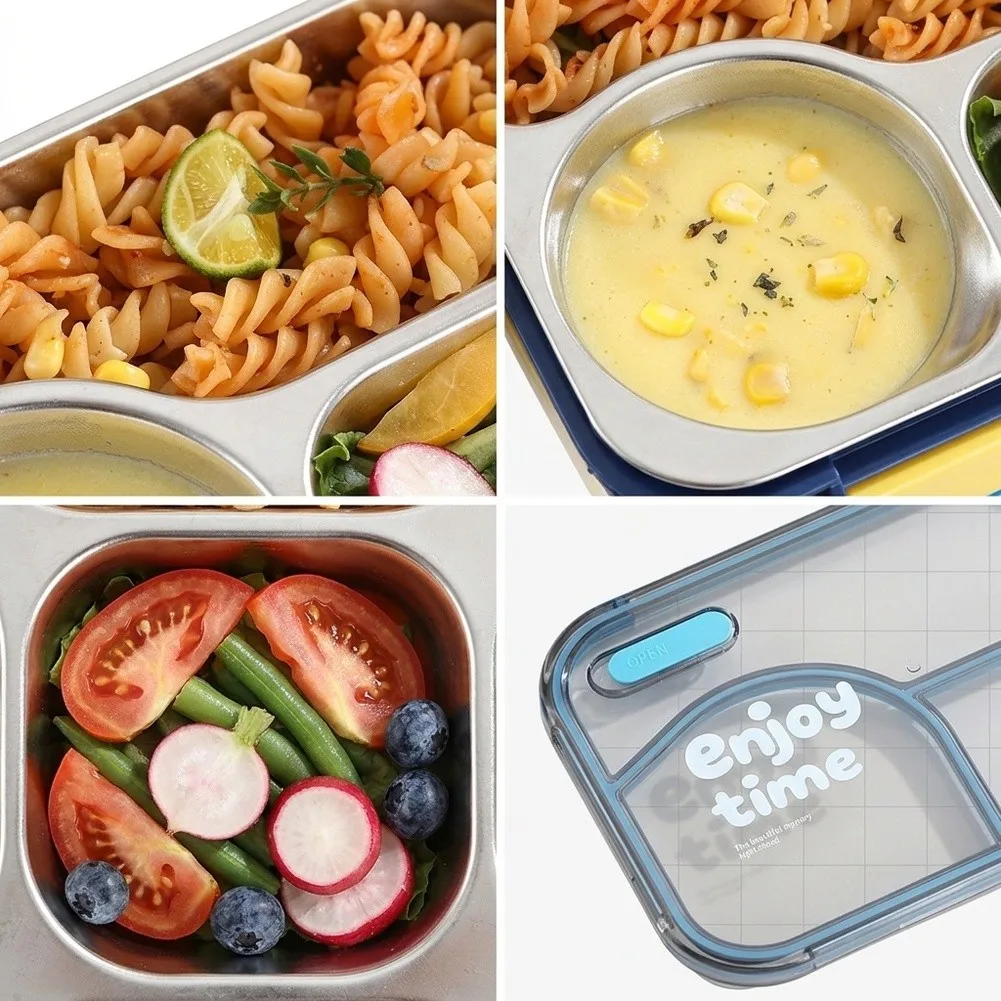 650ml 3‑Compartment Stainless Steel Lunch Box, Leak‑Proof Portable Food Storage Case For Work Office Outdoor Travel Use