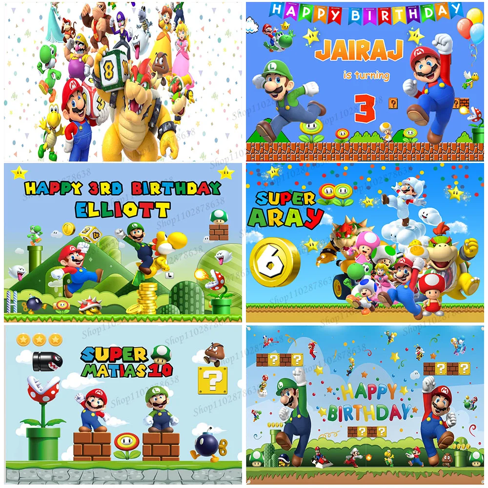 

Custome Text Party Backdrop Super Mario Bros Theme Kids Boy Birthday Background Baby Shower Photo Banner Props Decor Poster