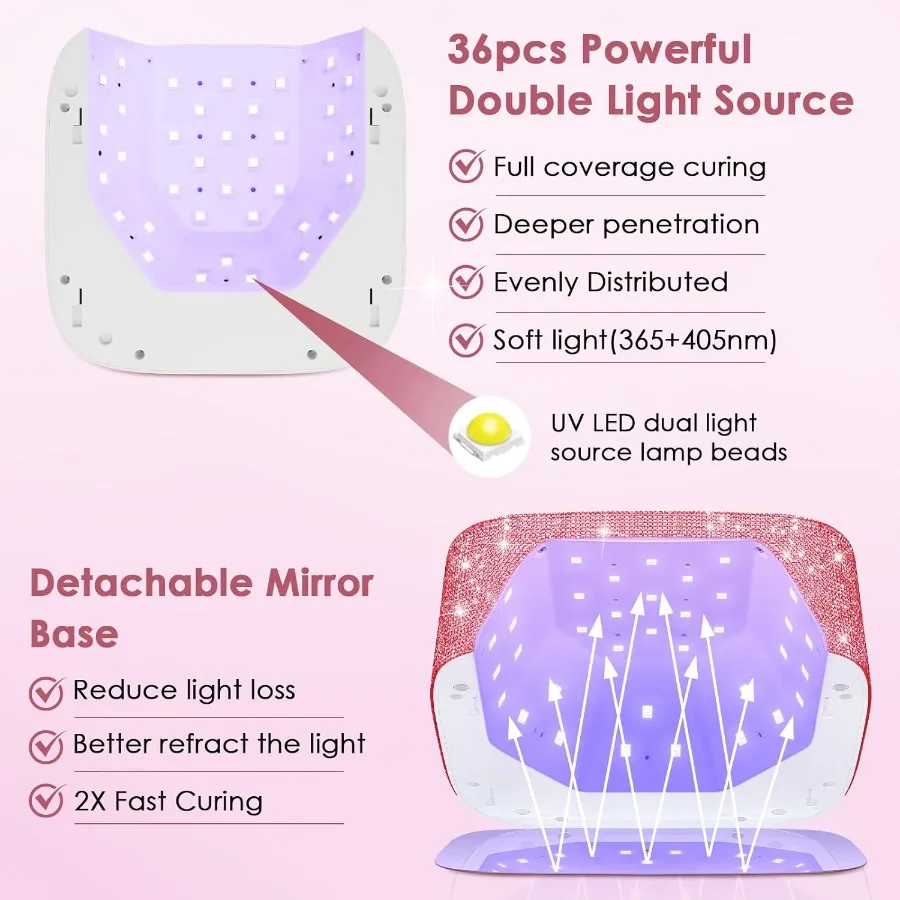 UV LED Nail Lamp Cordless 80W Rechargeable UV Light for Gel Nails with 5 Timers Mirror Base Professional Gel Light Dryer Sparkl
