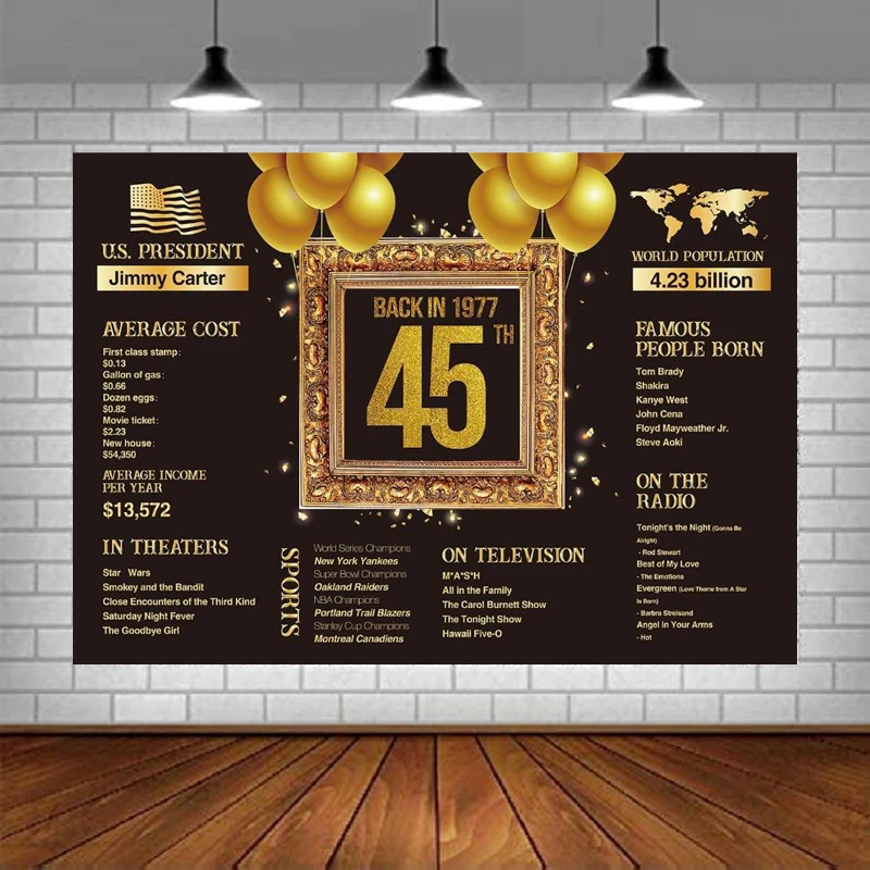 45th Birthday Party Banne Photography Backdropin 1977 Banner Decorations for Women Men Black and Gold Anniversary