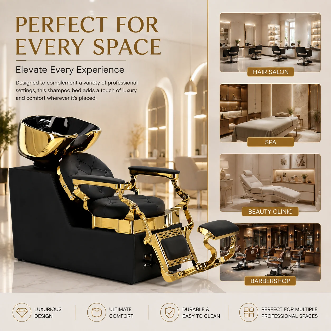 Luxury Gold Shampoo Backwash Unit Black PU Leather Reclining Hair Washing Chair Ceramic Basin For Professional Beauty Salon