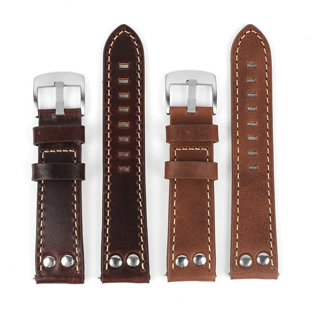Retro Cowhide Watch Strap 20mm 22mm Brown Coffee Genuine Leather Rivet Watch Band Replacement Belt for Men Women