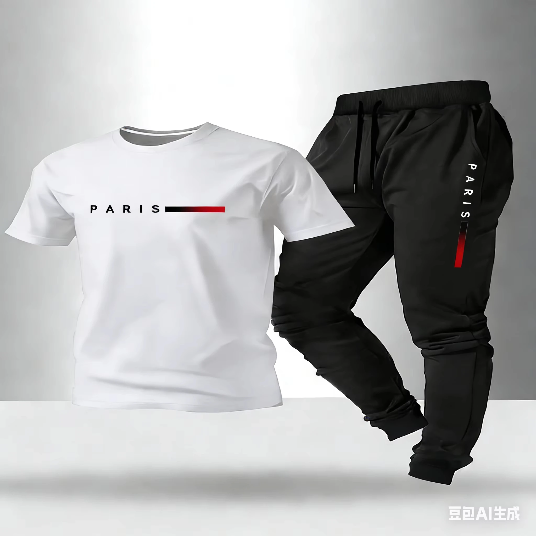 

New Spring and Autumn Men's Daily Paris Letter Printed Round Neck T-shirt Outdoor Leisure Sports Pants Set 2 pieces