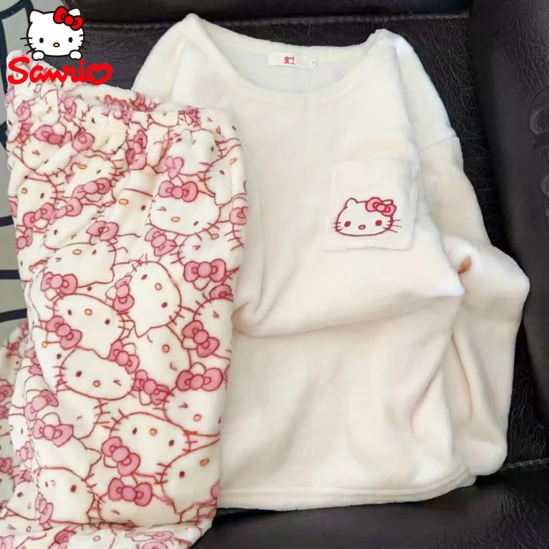 Hot Sanrio Cute Cartoon Hello Kitty Stuff Pajamas Female Flannel Winter The New Plus Thicken Velvet Sweet Keep Warm Tracksuit