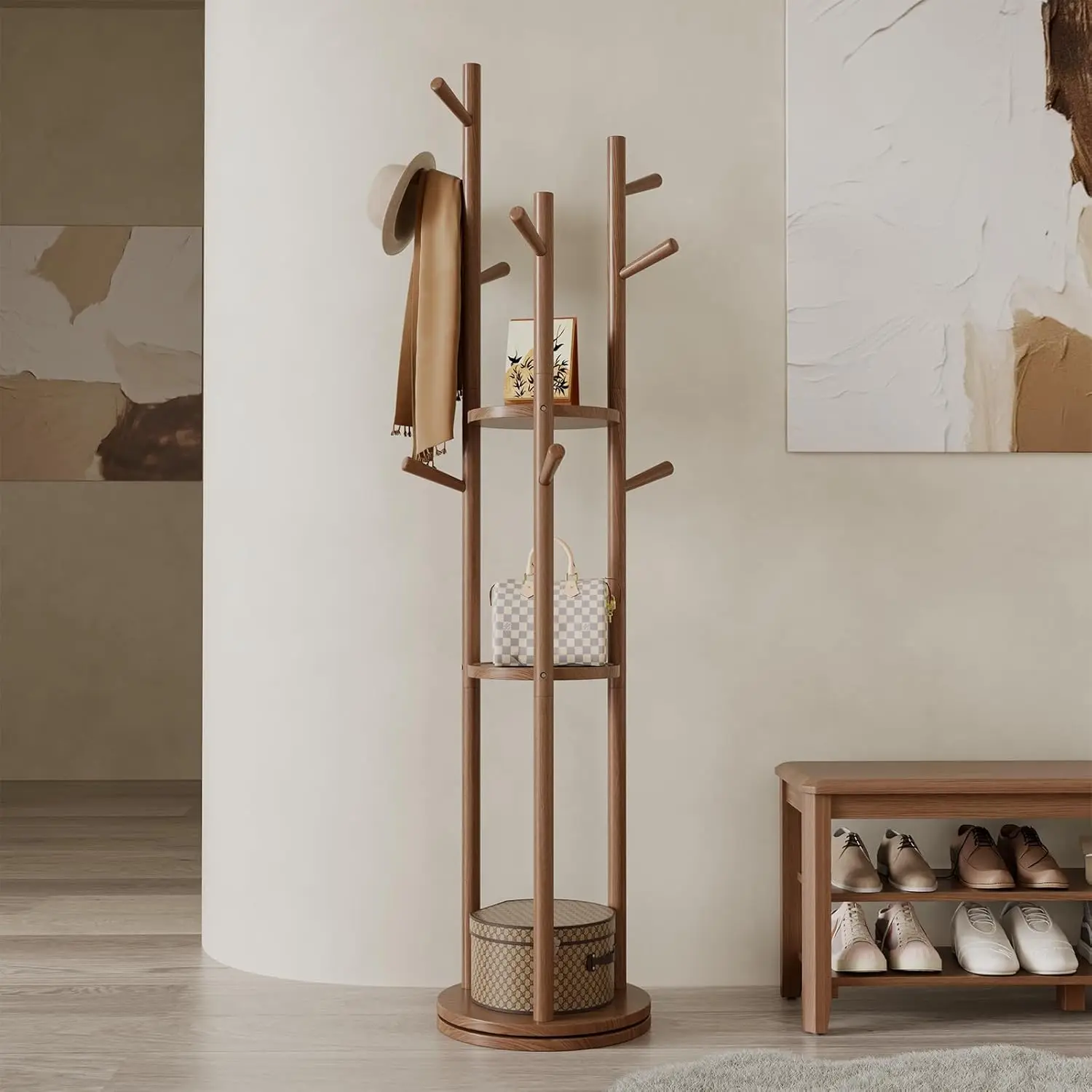 

Поворотная вешалка из цельного дерева, отдельно стоящая вешалка для одежды с 3 полками и 9 крючками, дерево для спальни, прихожей, по индивидуальному заказу