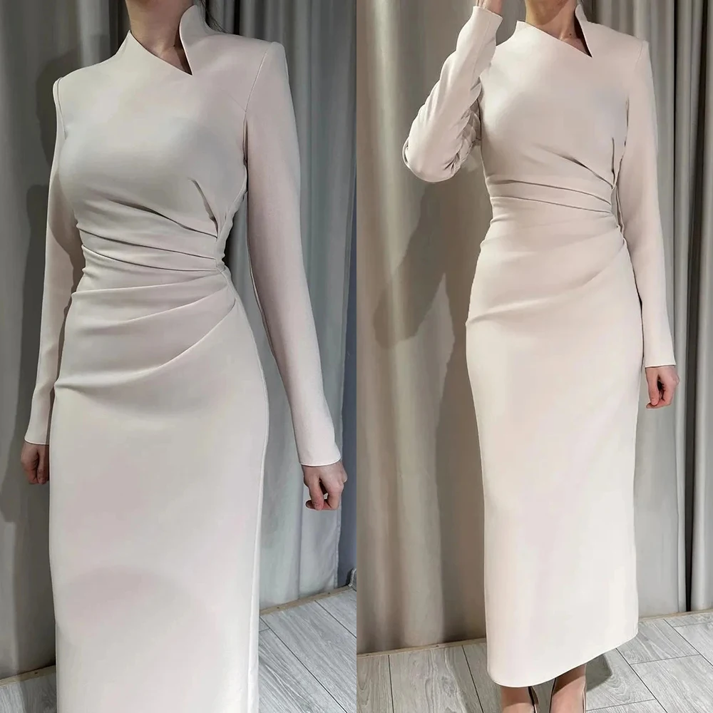 Customized Fashion Elegant High Neck Jersey Evening Dresses Straight Long Sleeves Ruched Ankle Length Formal Party Dresses