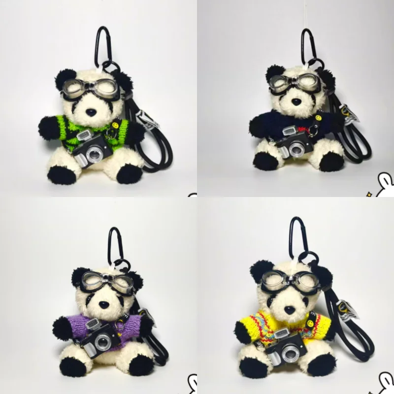 Wunian Original Kawaii Plush Doll Panda Keychain With Mini Camera Goggles Sweater Cute Cartoon Stuffed Doll Bag Charm Gift