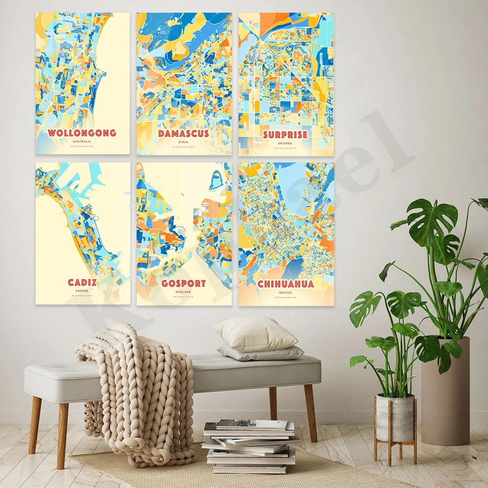 Chihuahua Rochester Cadiz Surprise Porto Norfolk Oklahoma City Damascus Mombasa Kenya Campinas Wollongong. City Color Map Poster