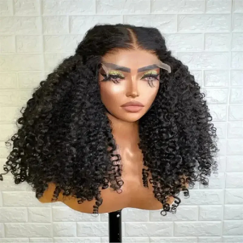 Perruque Lace Front Wig sans colle noire bouclée crépue pour femme, cheveux de bébé préplumés, densité 180, 26 pouces de long, 03/