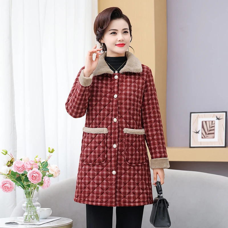 

Длинная хлопковая куртка на флисовой подкладке с сетчатым принтом, НОВОЕ теплое зимнее пальто для мам среднего и пожилого возраста, модное антивозрастное пальто