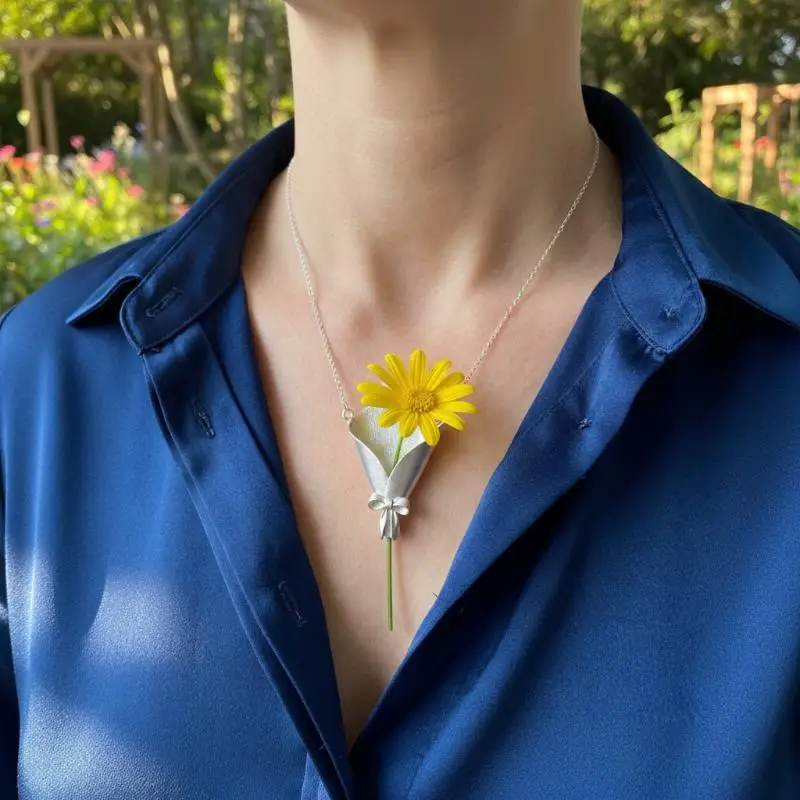 Bouquet Wrapping Necklace with Inserted Flowers Earrings Rings Set Unique Jewelry for Graduation Events