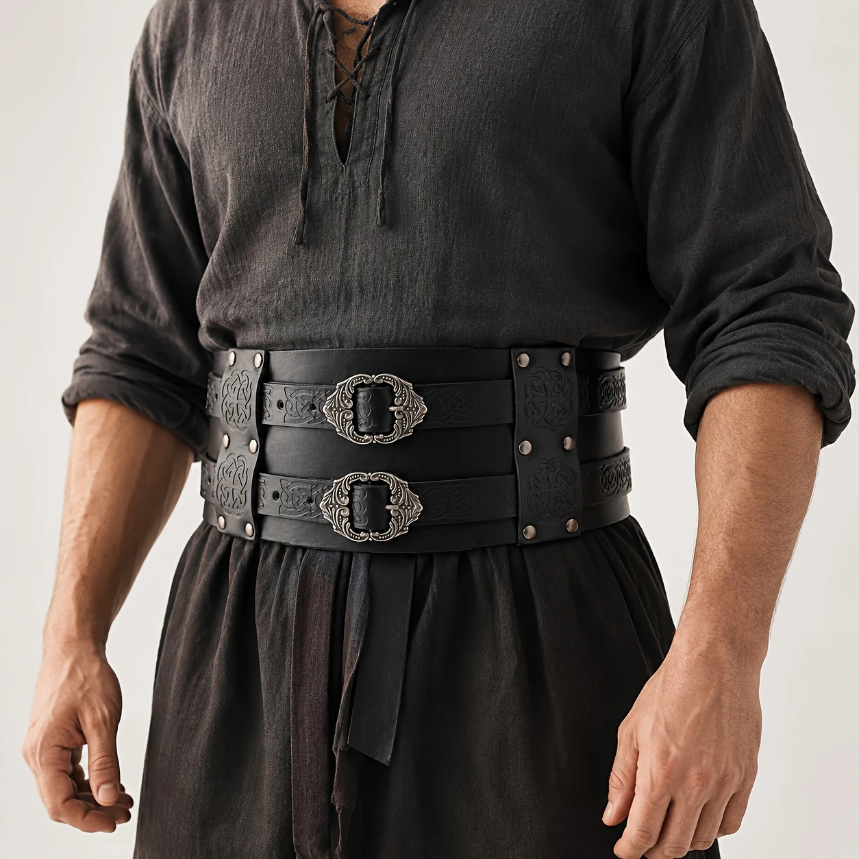 Medieval Knight Style Wide PU Leather Belt, Celtic Knot Design Adjustable Waistband, Unisex Renaissance Viking Style Costume Accessories