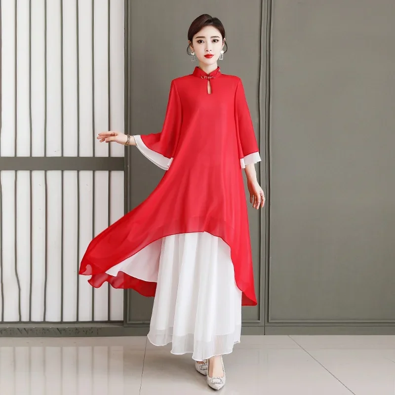 Chinese Style 2 Piece Sets Womens Outfits Red Cheongsam Robe And Wide Leg Pants Female Tang Suit Plus Size Two Piece Sets 11059