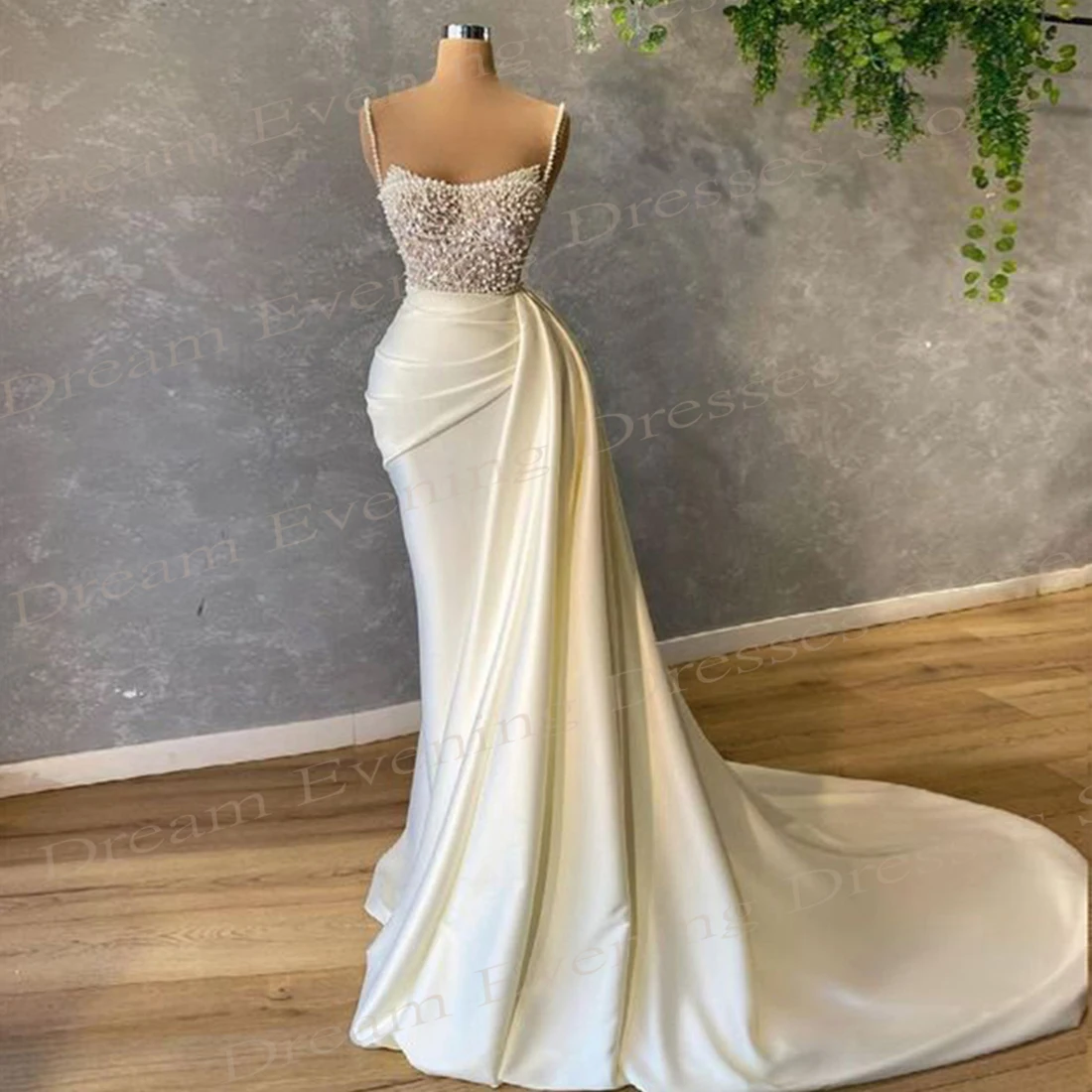 Graceful Ivory Mermaid Stain Evening Dresses Sexy New Spaghetti Straps Pearls Prom Gowns Elegant Sleeveless Vestido Festas Luxo