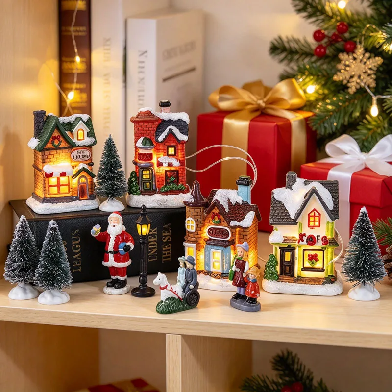 Resin Christmas House LED Lighted Decor Set Vintage Micro Landscape Cottage for Desktop Tabletop Holiday Gift Display Home