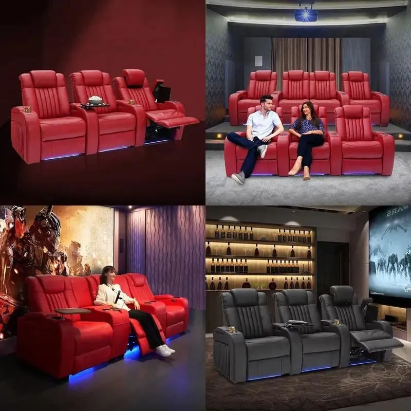 Home theater reclining leather sofa modern style cool metal frame classic red cinema furniture