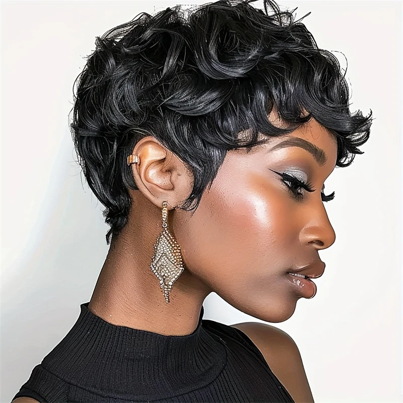 short curly pixie remy wig 6inch black color 150% density machine made pixie human hair wig for women