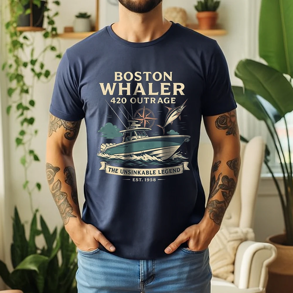 New Summer Men's 100% Cotton T-Shirt Boston Whaler The Unsinkable Legend Vintage Boating Style Casual Breathable Short Sleeve