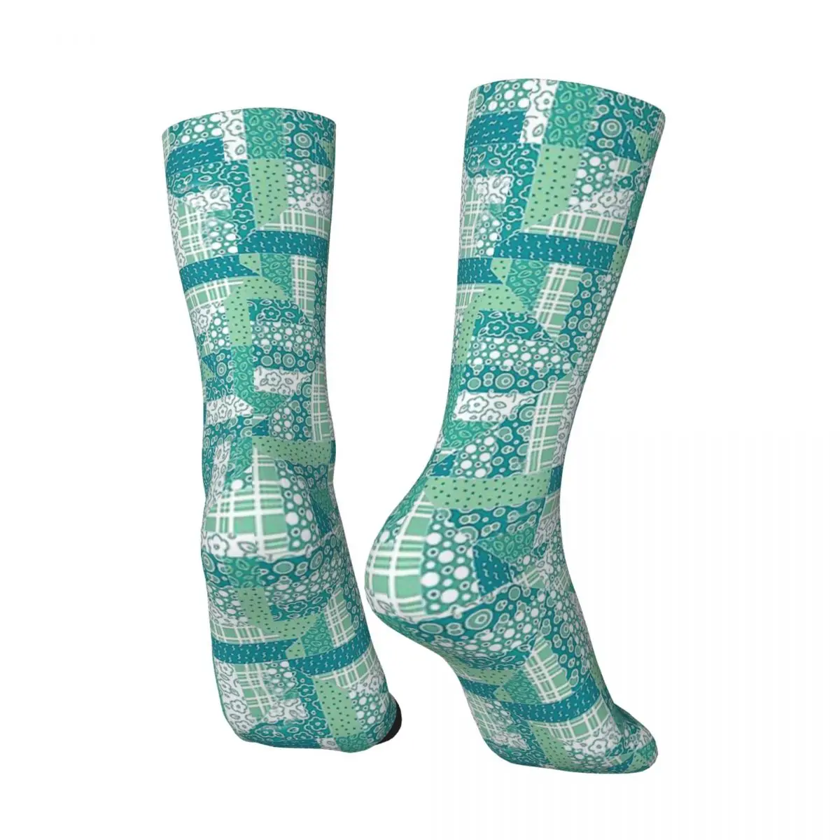 Funny Crazy Sock for Men Turquoise Geometric Quilt Pattern Hip Hop Harajuku Geometric Patterns  Printed Boys Crew Sock Novelty