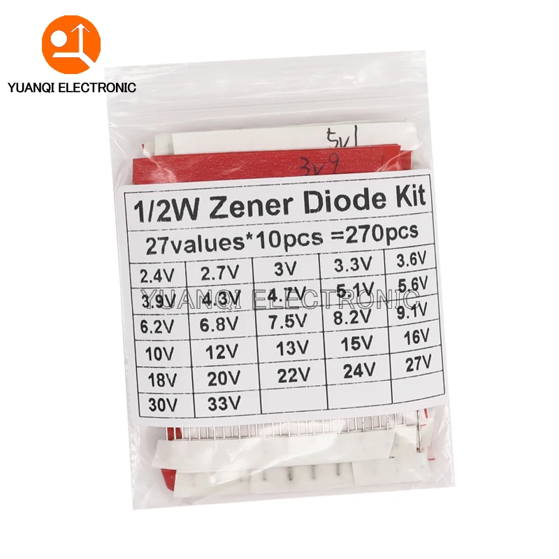 270pcs 1/2W Zener Diode Assorted Kit DO-35 0.5W 2.4V - 33V 27 Values Each 10pcs DIY Sample Set