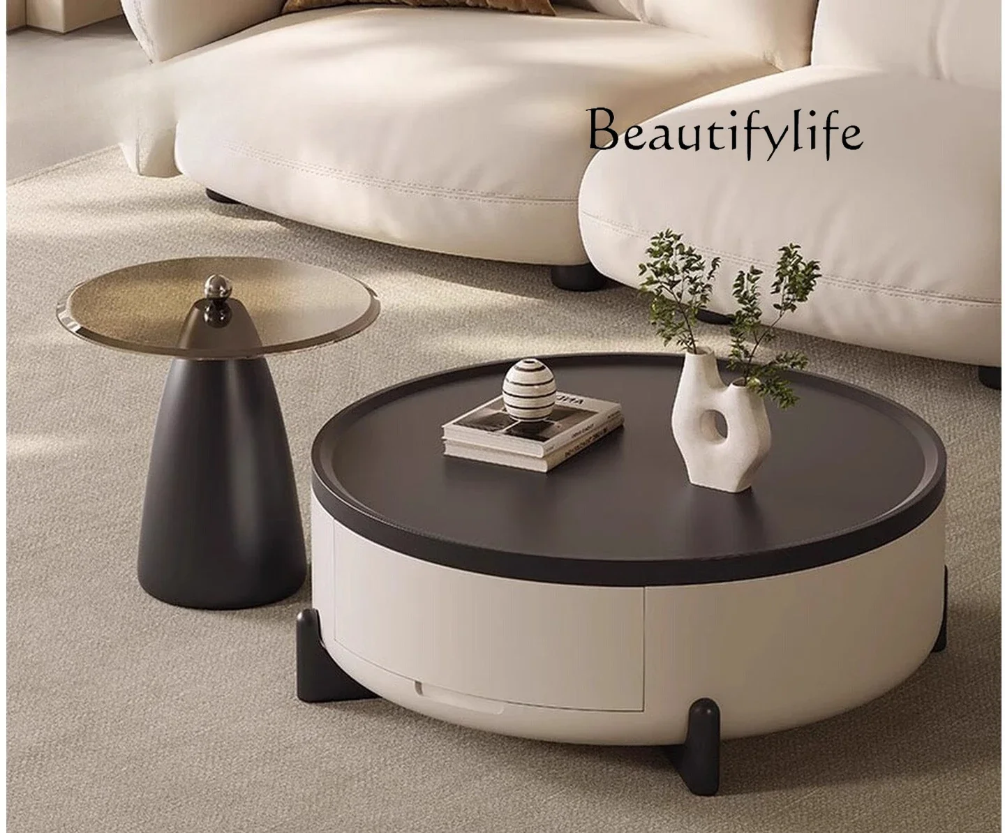 

Tu Italian round combination coffee table living room household round table high-end light luxury solid wood coffee table