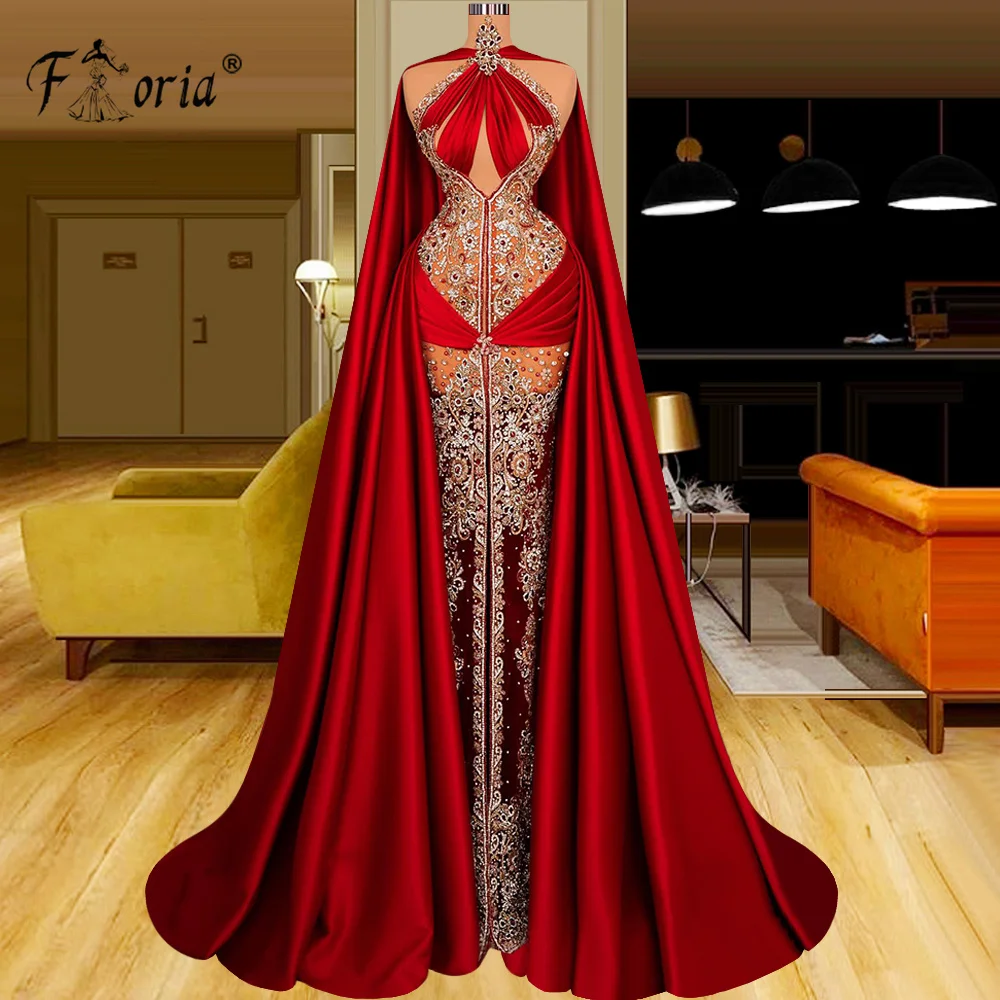 Rotes Meerjungfrau Brautkleid mit Umhang handgemachte Perlen Kristall formale Anlass Kleider Illu ion Abendkleider Vestidos de Novia