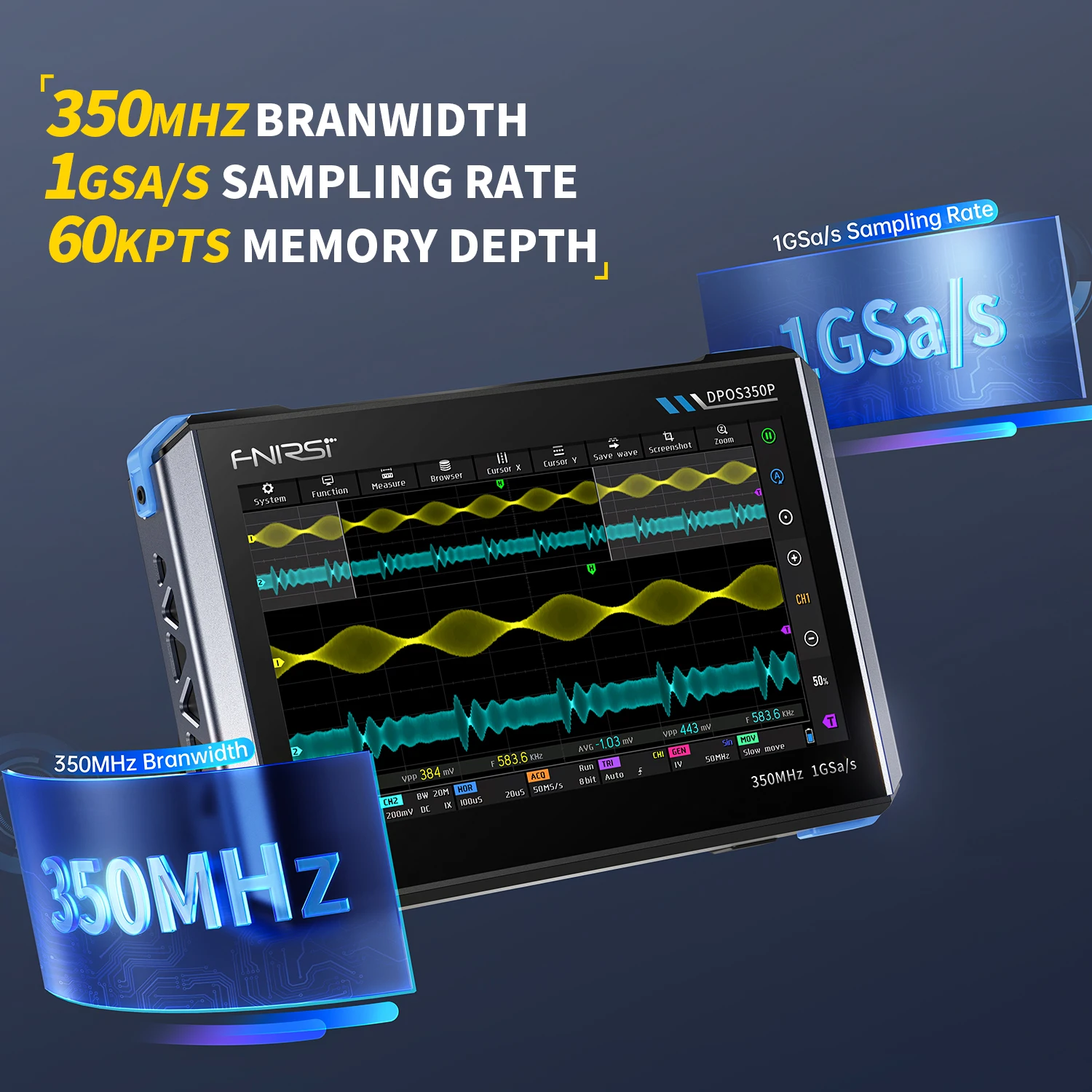 FNIRSI 4-in-1 اللوحي راسم الذبذبات 2-قناة 350 ميجا هرتز مولد إشارة محلل الطيف 50 ميجا هرتز تردد استجابة محلل DPOS350P #3