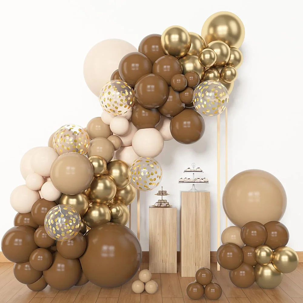 153 Pieces Brown Balloon Garland Arch Set, Different Sizes 18 12 10 5inch Brown Nude Latex Metal Confetti Gold Balloon Suitable for Unisex Bear Baby Shower Hunting Birthday Party Decoration Supplies