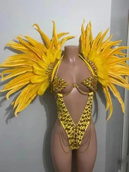 Feather jumpsuit thong bar nightclub performance clothing sexy bikini Hawaiian stage performance night show DS dance outfit