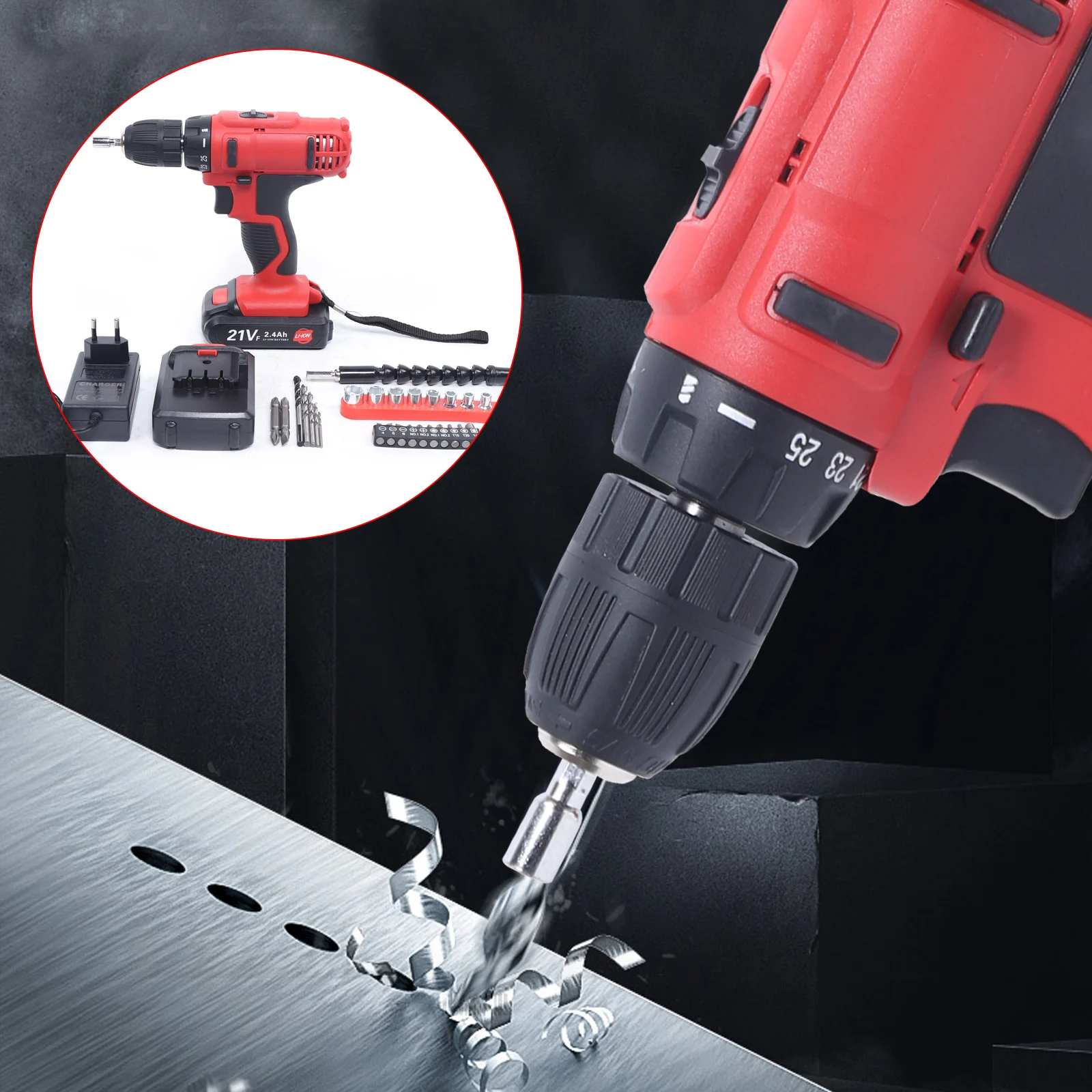 2 Speed Electric Cordless Drill & Bits Set Driver Screwdriver with 2 Battery 21V