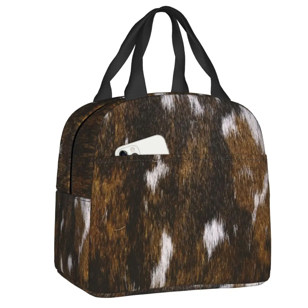 

Cowhide Tan Animal Print Insulated Lunch Bags Women Hide Fur Texture Lunch Container for Kids School Children Storage Food Box