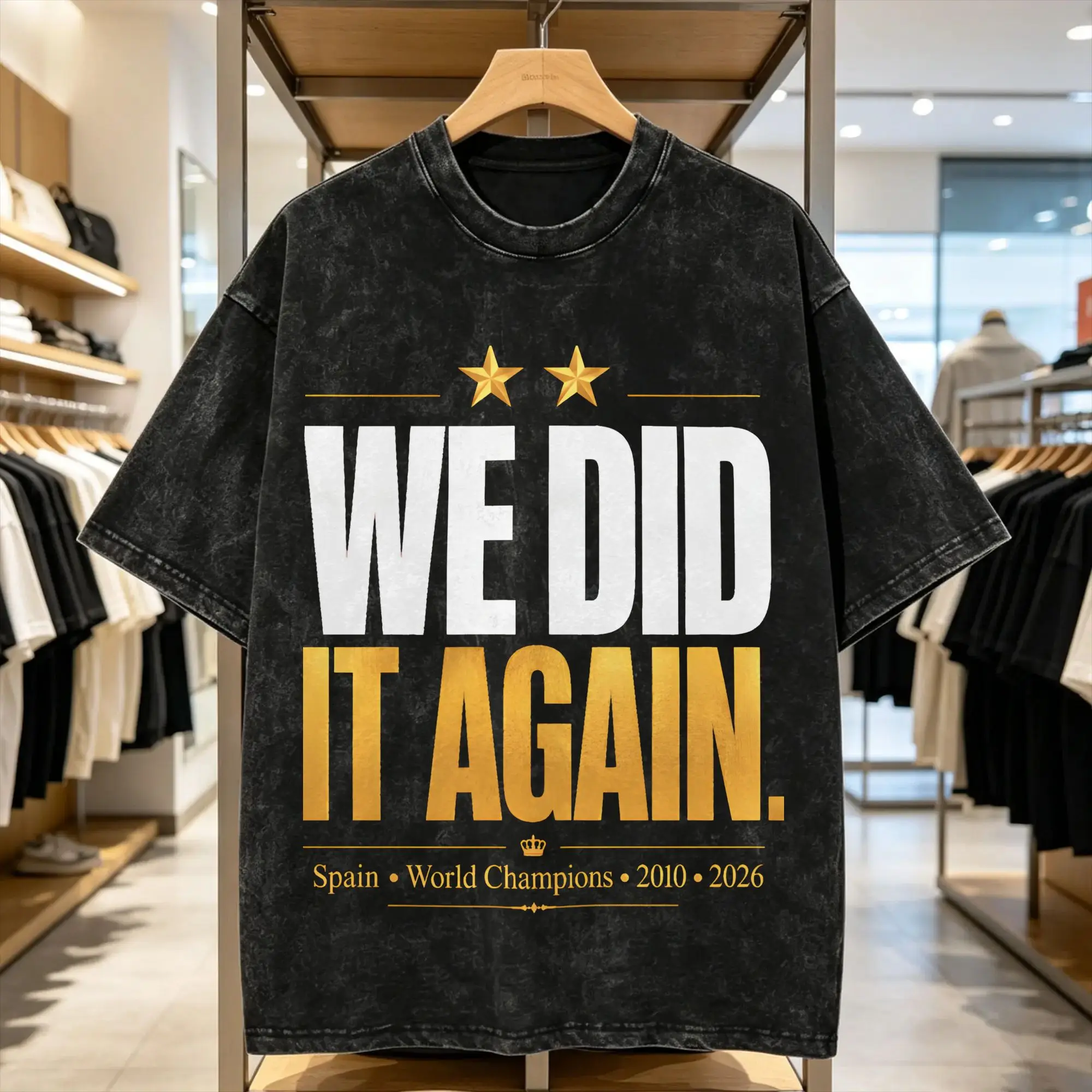 Nouveauté 2026 T-shirt Homme Champion du Monde Espagne Deux Étoiles Col Rond 100% Coton Lavé Manches Courtes Grandes Tailles