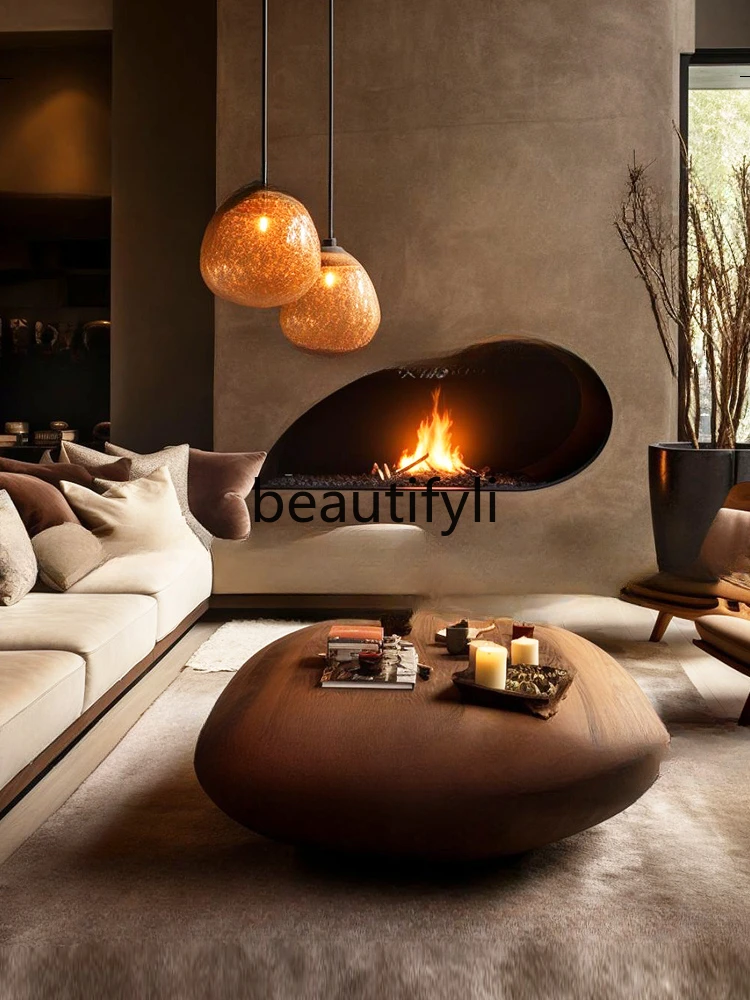 Art creative arc surface coffee table, walnut color sofa decorative round edge coffee table
