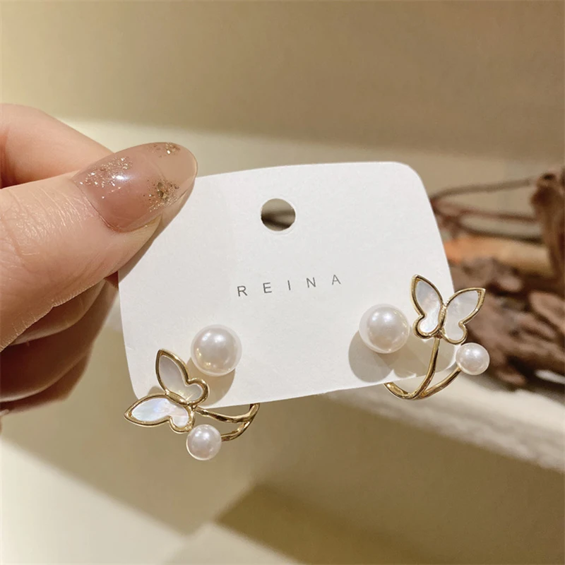 New Korean Light Luxury Imitation Pearl Shell Butterfly Stud Earrings Ladies Fashion  Elegant Jewelry Everyday Party Gift