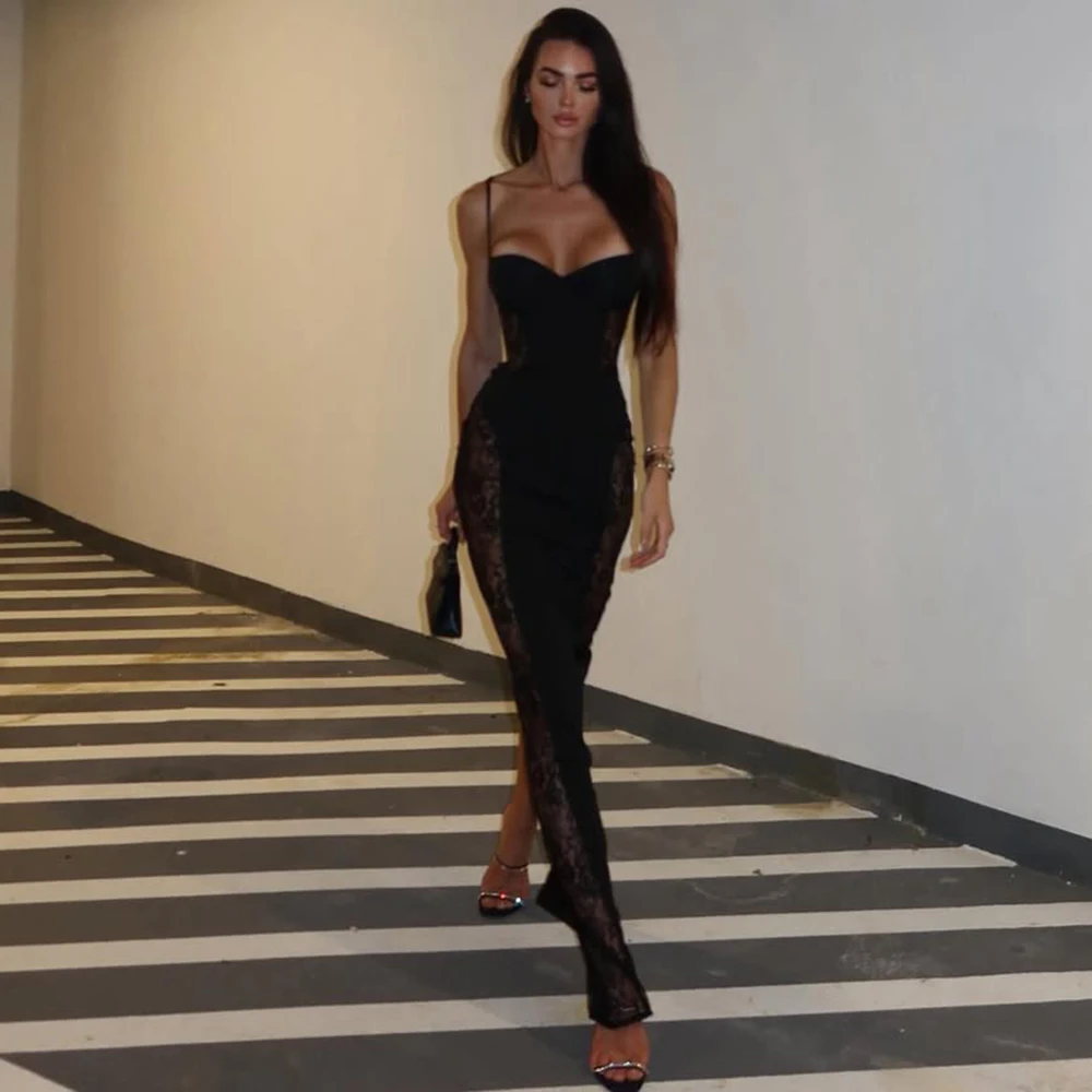 Tuularose Black See Through Lace Dress Women Sexy Spaghetti Straps Lace Hollow Patchwork Dresses Elegant Party Evening Dresses