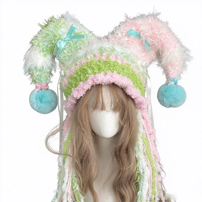 Handmade Pink Green Plush Jester Clown Hat Women Custom Crochet Knitted Pom Bow Beanie Girls Cosplay Carnival Winter Warm Caps