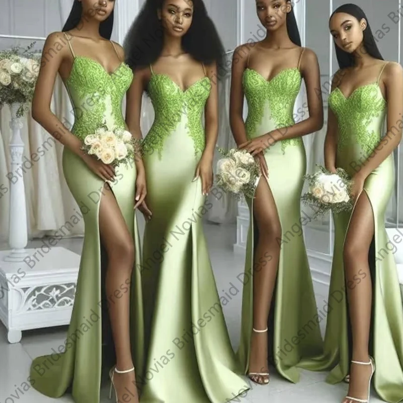 Vestido largo de sirena para dama de honor, traje de noche de satén con tirantes, longitud hasta el suelo, estilo africano, color verde, 2024