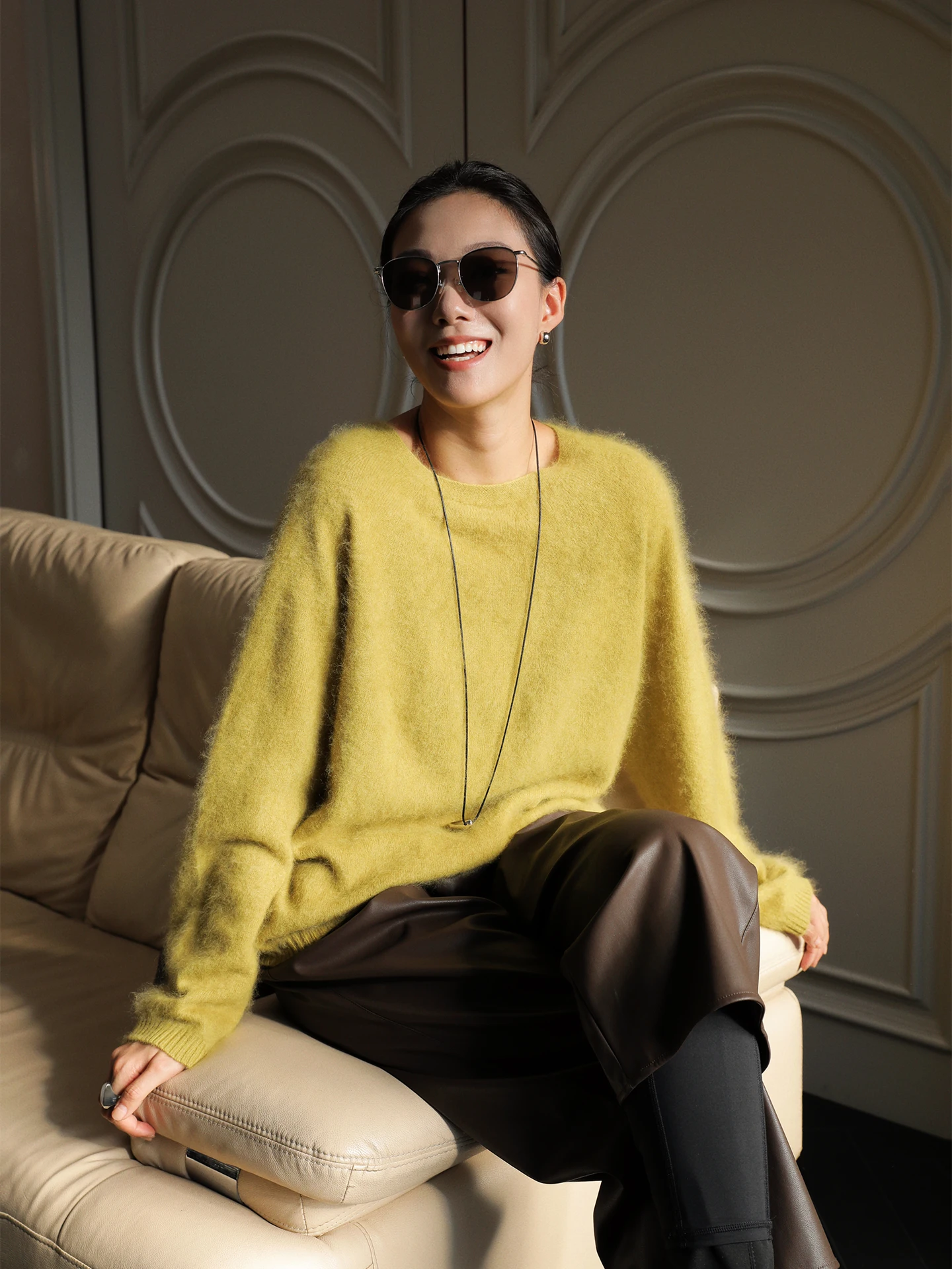 

Женский вязаный свитер Lu Yellow Camere с круглым вырезом, длинными рукавами, свободного кроя, удобный, осенне-зимний, новинка