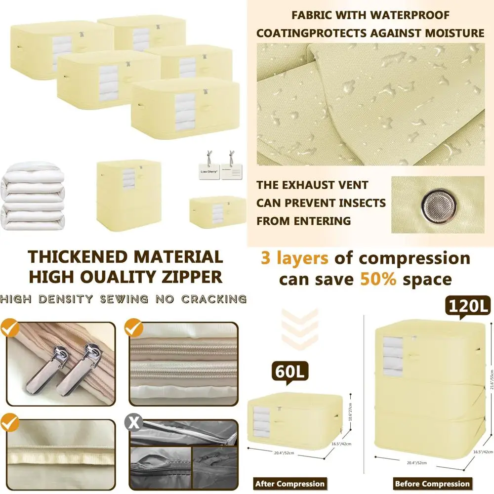 

Space-Saving 5-Piece Foldable Storage Bags for Clothing, Bedding, and More in Cream