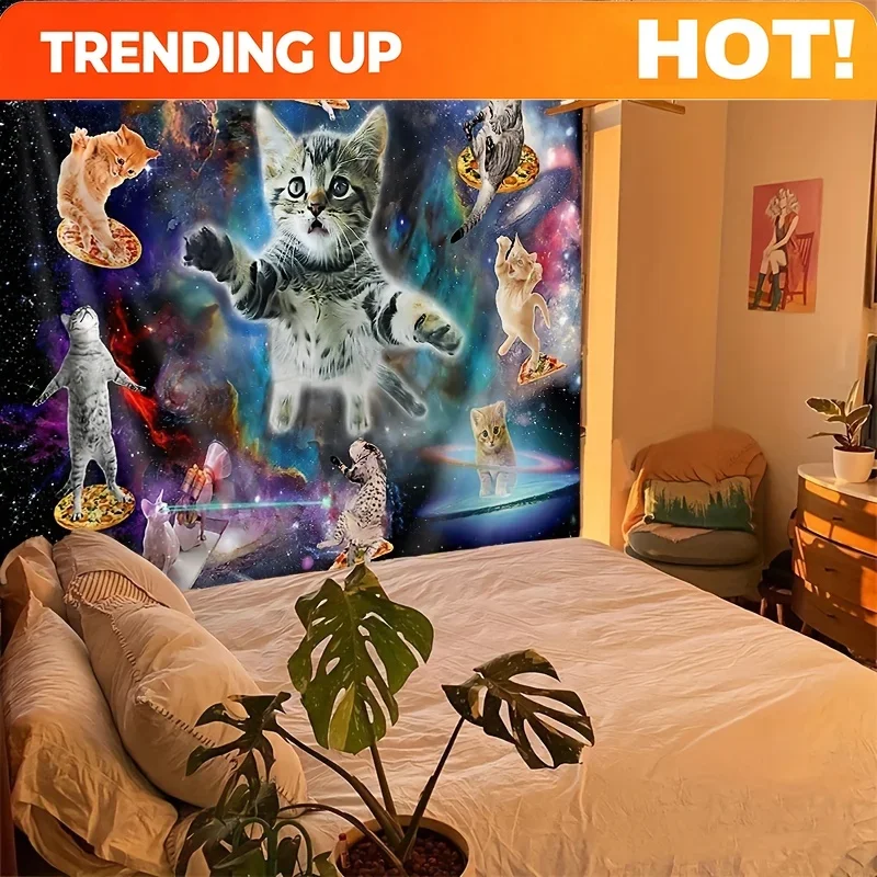 Customization 1pc Space Cats Tapestry Wall Hanging - Vibrant Galaxy & Planet Design With Playful Cats, 85gsm Polyester Peach Lig
