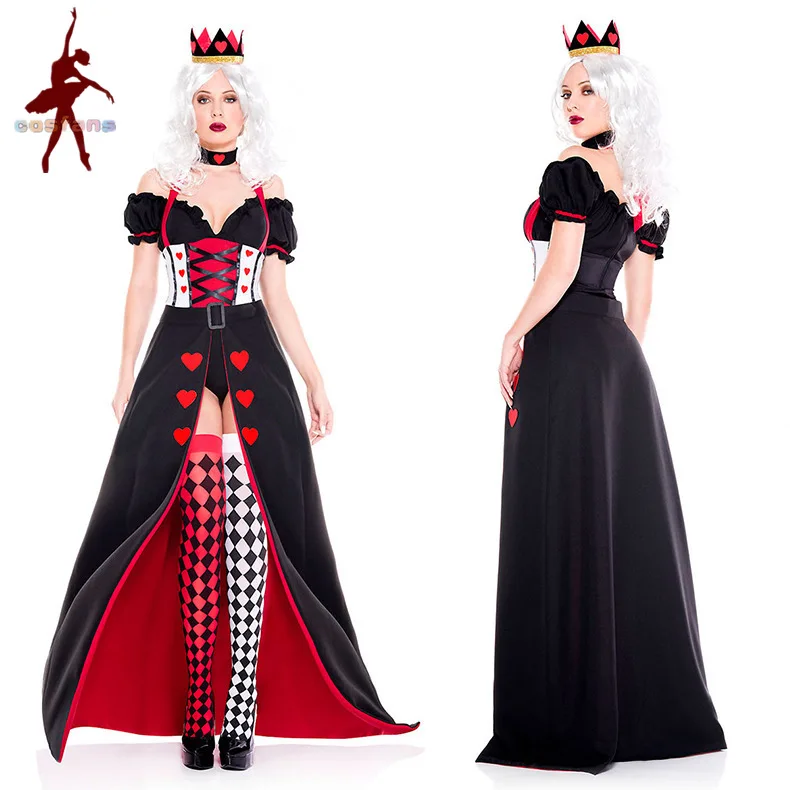 

S-XXL Adult Poker Queen Costume With Socks Suit Poker Queen for Cosplay Women Purim Halloween Carnival Party Fantasia Dress Up